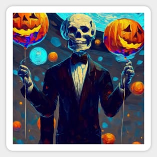 Spooky handsome skeleton in suit holding pumpkins balloons Sticker